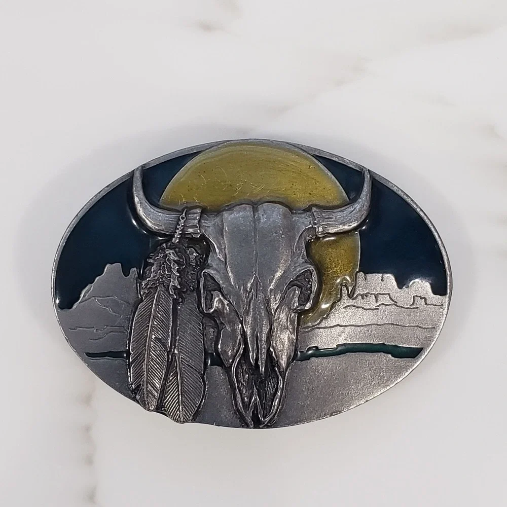 VTG Arroyo Grande Silver Enamel Skull Belt Buckle Feathers AG Western Cowboy USA